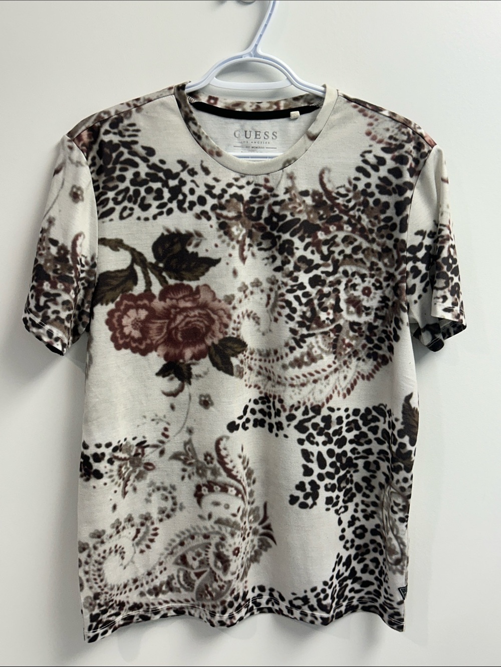 GUESS Ivory Tee with Brown Rose & Black Leopard Motif